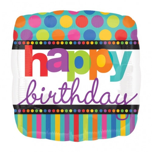 Happy Birthday Dots And Stripes Helium Filled Foil Balloon