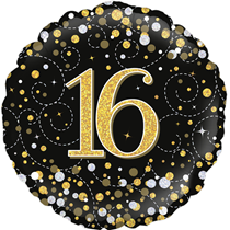 16th Sparkling Fizz Black And Gold Helium Filled Foil Balloon