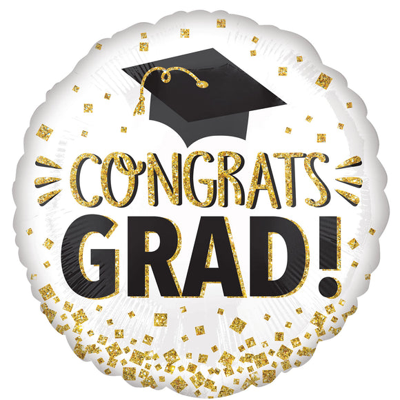 Congrats Grad! Gold Glitter Helium Filled Foil Balloon