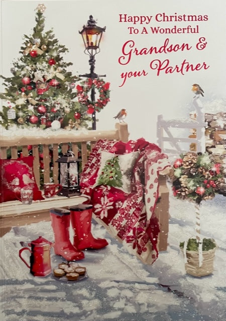 To A Wonderful Grandson And Your Partner Christmas Greeting Card.