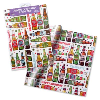 Beer Bottle Happy Birthday Gift Wrap And Tag Set