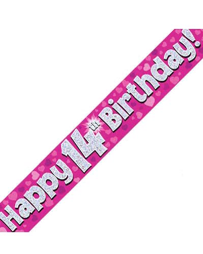 Happy 14th Birthday Pink Holographic Banner