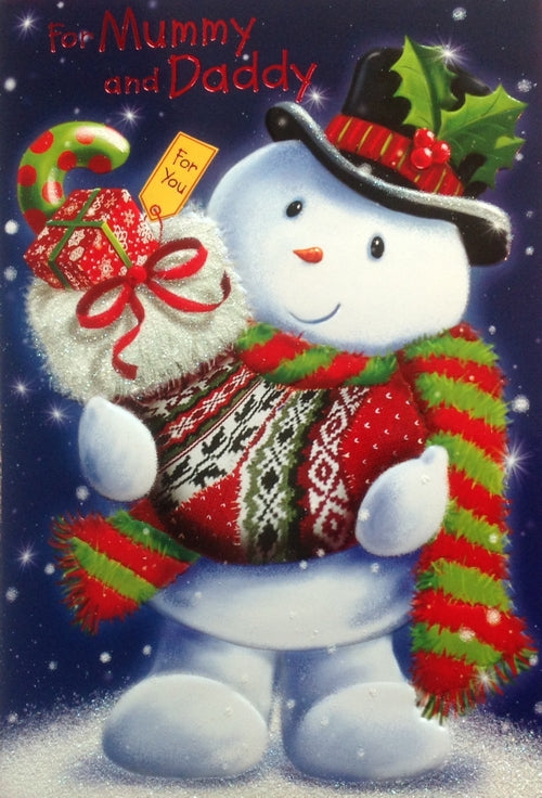 For Mummy And Daddy Snowman Christmas Greeting Card
