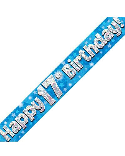 Happy 17th Birthday Blue Holographic Banner