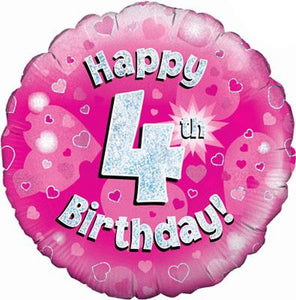 Happy 4th Birthday Pink Helium Filled Foil Balloon