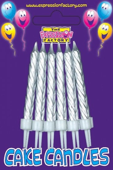 Silver Cake Candles With Holders x12