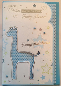 Special Wishes On Your Baby Shower Blue Giraffe Greeting Card