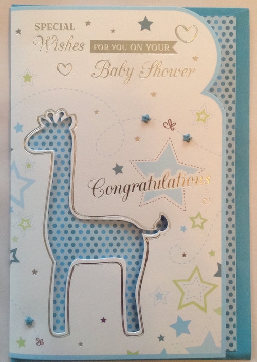 Special Wishes On Your Baby Shower Blue Giraffe Greeting Card
