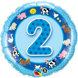 Age 2 Blue Farm Animals Helium Filled Foil Balloon