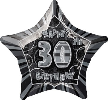 Happy 30th Birthday Black Glitz Helium Filled Foil Balloon