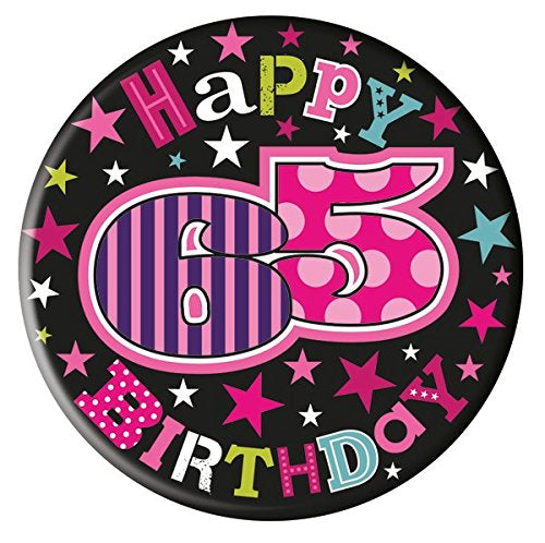 Happy 65th Birthday Pink/Purple/Black Jumbo Badge