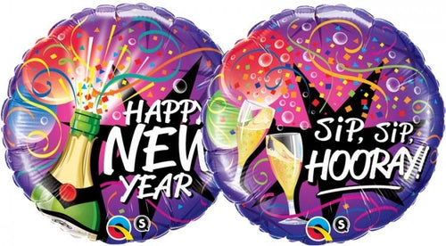 Happy New Year/Sip Sip Hooray Double Sided Helium Filled Foil Balloon