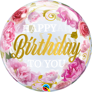 Happy Birthday Pink Peonies Helium Filled Single Bubble Balloon