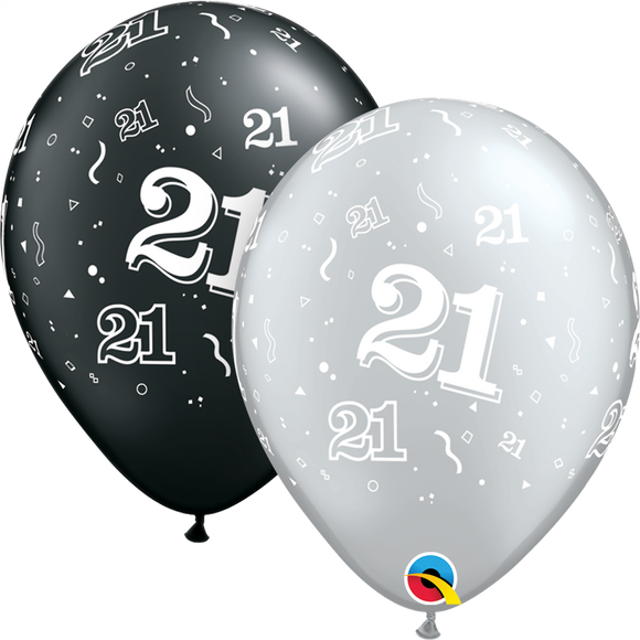 21st Birthday Black And Silver Latex Balloons x10 (Sold loose)