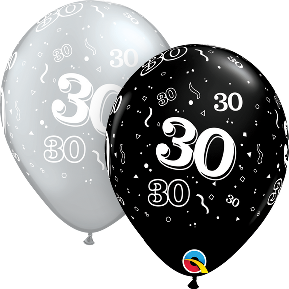 30th Birthday Black And Silver Latex Balloons x10 (Sold loose)