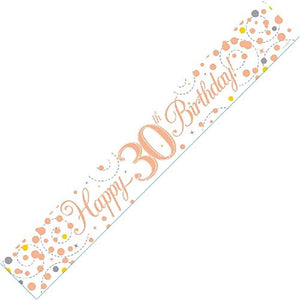 Happy 30th Birthday Sparkling Fizz White And Rose Gold Banner