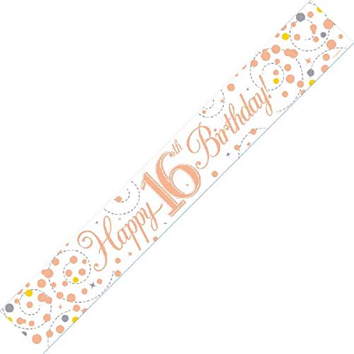 Happy 16th Birthday Sparkling Fizz White And Rose Gold Banner