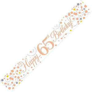 Happy 65th Birthday Sparkling Fizz White And Rose Gold Banner