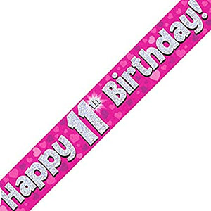 Happy 11th Birthday Pink Holographic Banner