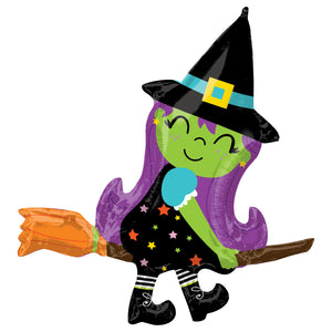 Witch On A Broom Supershape Helium Filled Foil Balloon
