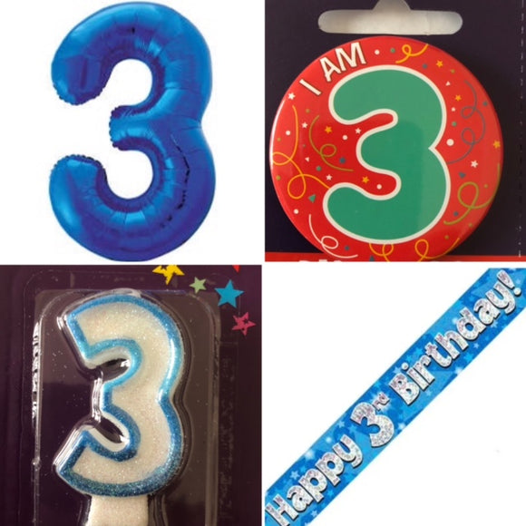 Birthday Bundle Age 1-9 (Supershape Number Foil Balloon, Banner, Badge And Candle)