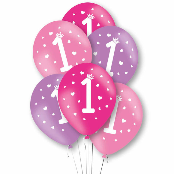 Age 1 Latex Balloons In Pink Tone Mix (6 Pack)