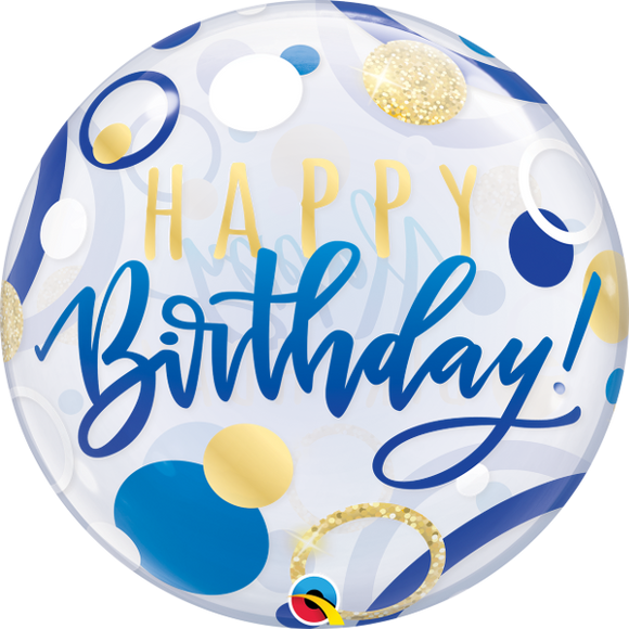 Happy Birthday Blue And Gold Dots Helium Filled Single Bubble Balloon