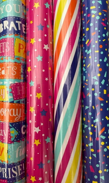 Bright Colours Wrapping Paper Roll 3m In A Choice Of 4 Designs