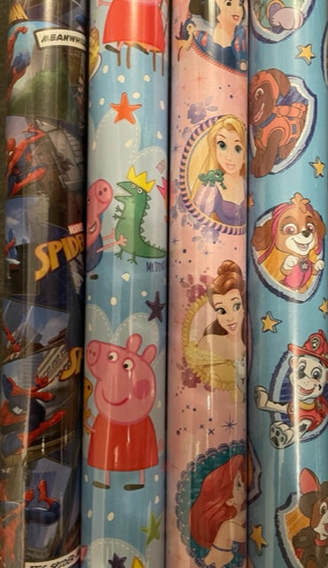 Character Wrapping Paper 2m (Spiderman, Peppa Pig, Disney Princess, Paw Patrol)