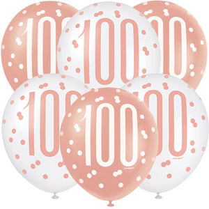Rose Gold Glitz Age 100 Latex Balloons (6 Pack)