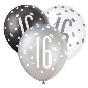 Black Glitz Age 16 Latex Balloons (6 Pack)