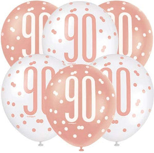 Rose Gold Glitz Age 90 Latex Balloons (6 Pack)