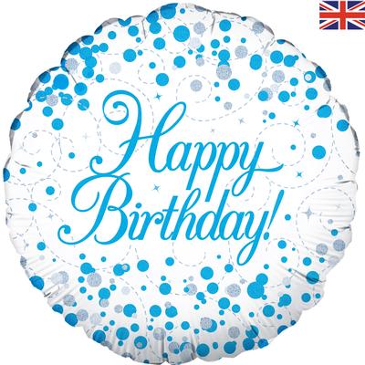 Happy Birthday Sparkling Fizz White And Blue Helium Filled Foil Balloon