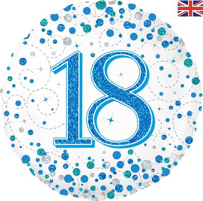 18th Sparkling Fizz Blue And White Helium Filled Foil Balloon