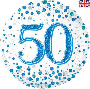 50th Sparkling Fizz Blue And White Helium Filled Foil Balloon
