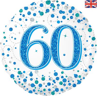 60th Sparkling Fizz Blue And White Helium Filled Foil Balloon