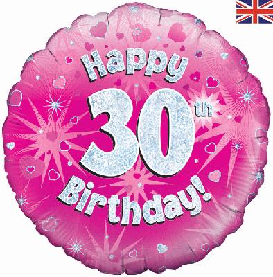 Happy 30th Birthday Pink Helium Filled Foil Balloon