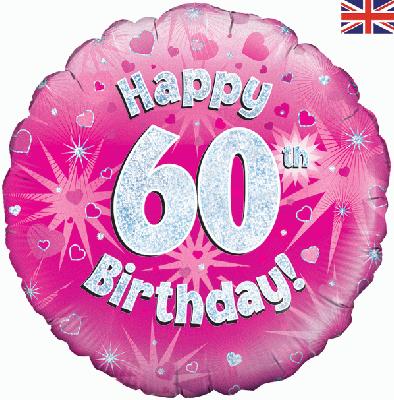 Happy 60th Birthday Pink Helium Filled Foil Balloon