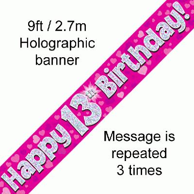 Happy 13th Birthday Pink Holographic Banner