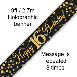 Happy Birthday 16th Sparkling Fizz Black And Gold Banner