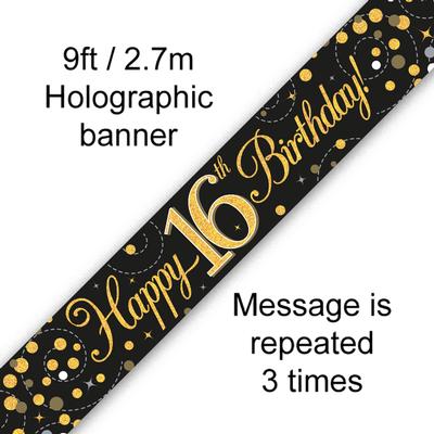 Happy Birthday 16th Sparkling Fizz Black And Gold Banner