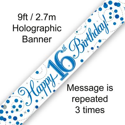 Happy 16th Birthday Sparkling Fizz White And Blue Banner