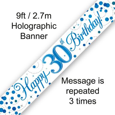 Happy 30th Birthday Sparkling Fizz White And Blue Banner
