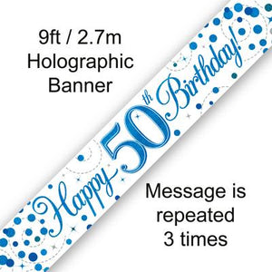 Happy 50th Birthday Sparkling Fizz White And Blue Banner
