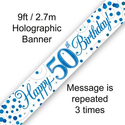 Happy 50th Birthday Sparkling Fizz White And Blue Banner
