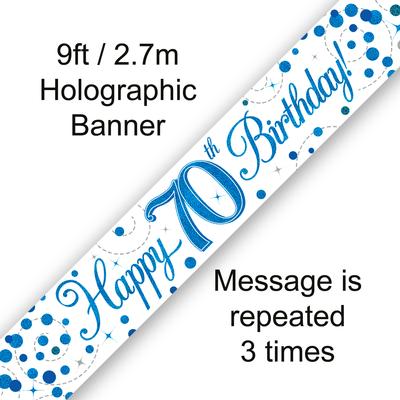 Happy 70th Birthday Sparkling Fizz White And Blue Banner