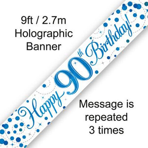Happy 90th Birthday Sparkling Fizz White And Blue Banner