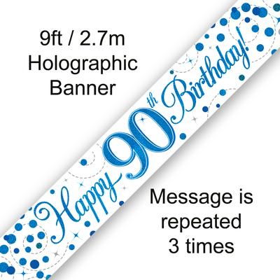 Happy 90th Birthday Sparkling Fizz White And Blue Banner