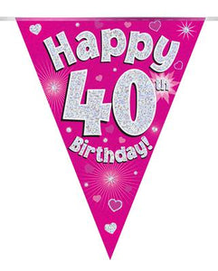 Happy 40th Birthday Pink Holographic Party Bunting