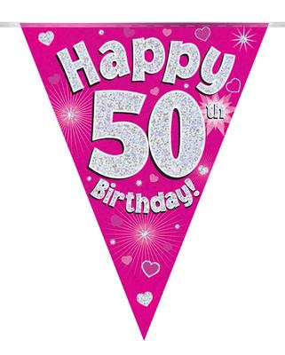 Happy 50th Birthday Pink Holographic Party Bunting